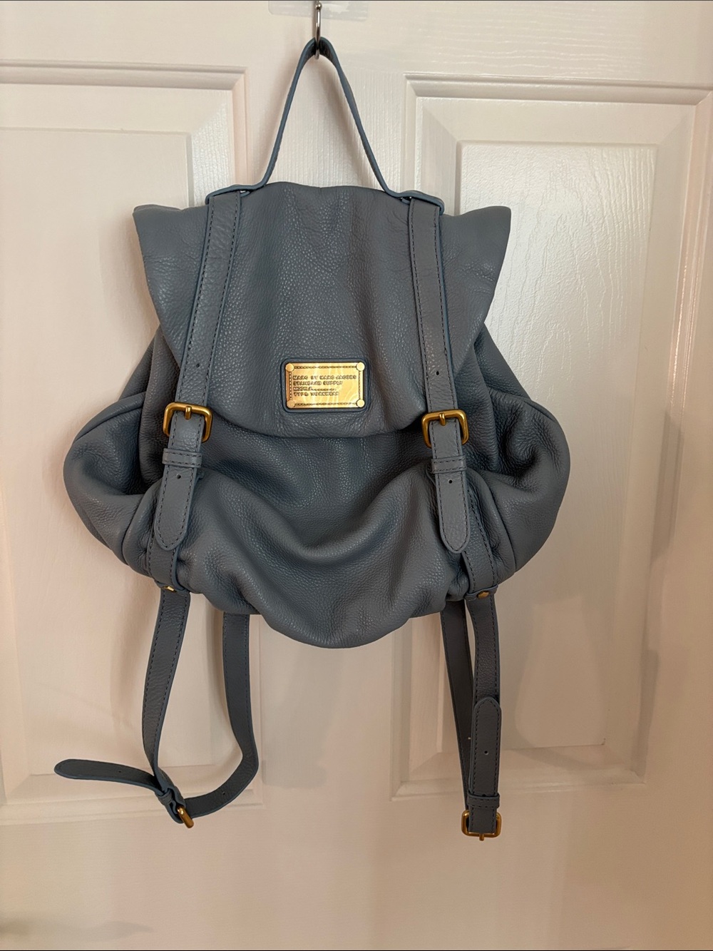 Marc by Marc Jacobs Gray Pebbled Leather Drawstring Backpack with Gold Plate